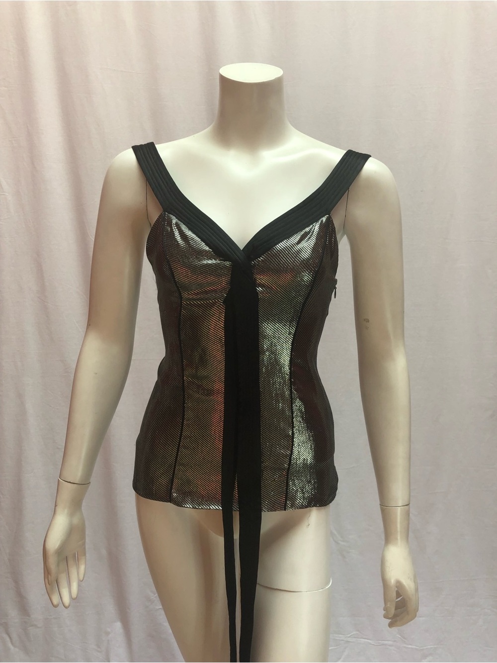 Vintage Metallic Black V-Neck Tie-Front Women’s Top